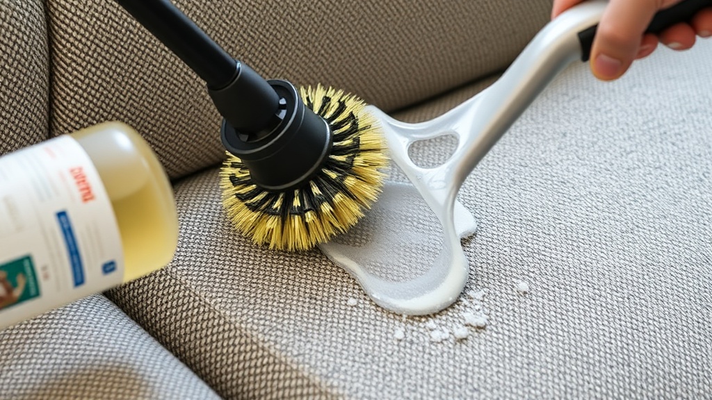 A modern living room with a beige sofa being professionally cleaned using steam extraction method, bright natural light streaming through windows.
