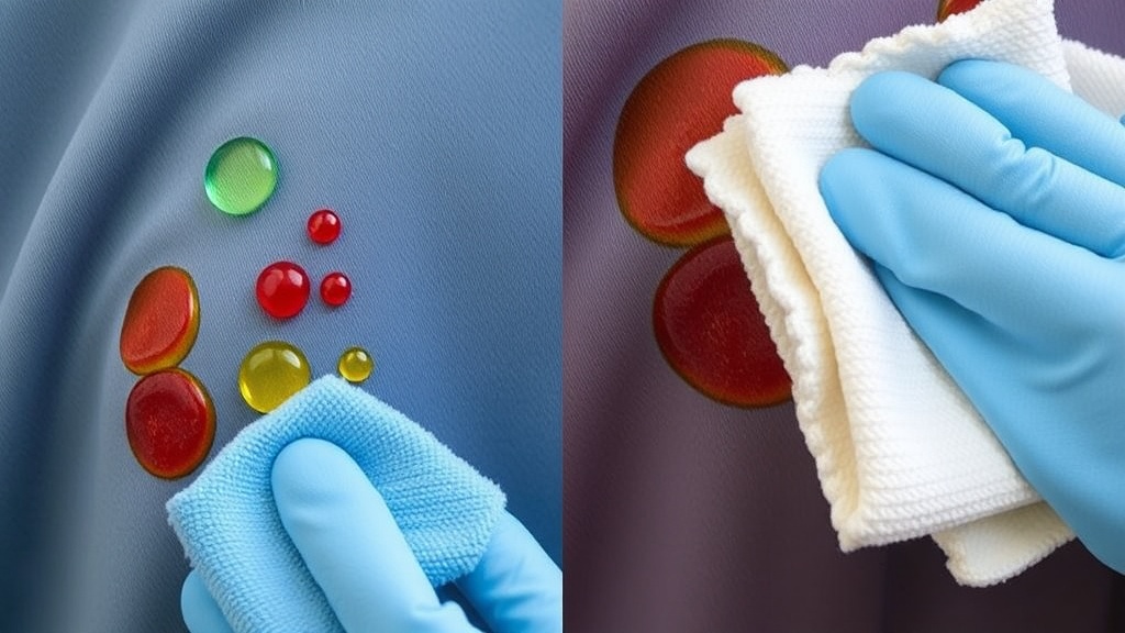 A professional cleaning technician removing various stains from an upholstered sofa using specialized spot treatment solutions and equipment.