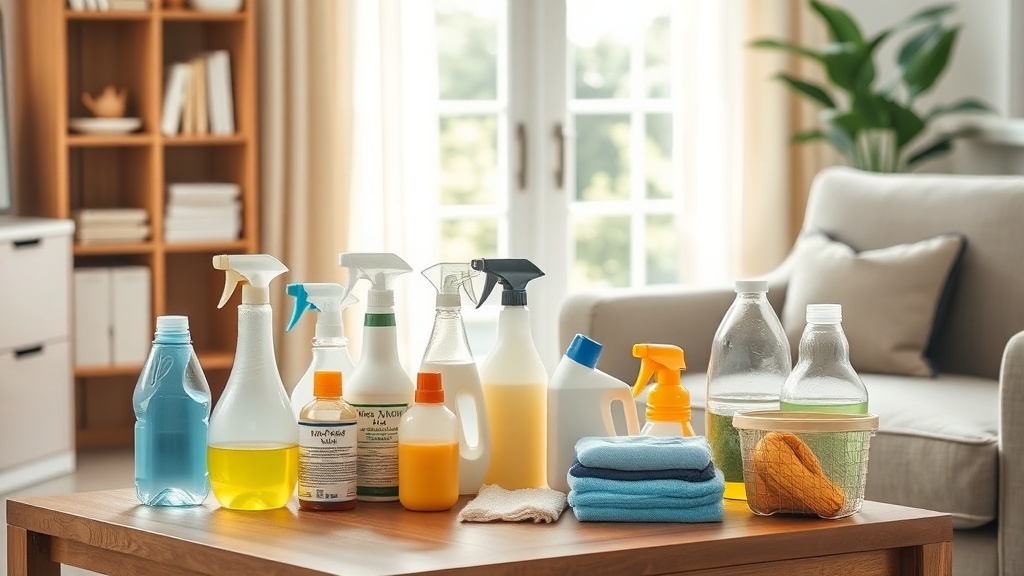 Close-up of fresh stain on beige fabric with cleaning solution bottle and white cloth nearby, bright natural lighting.