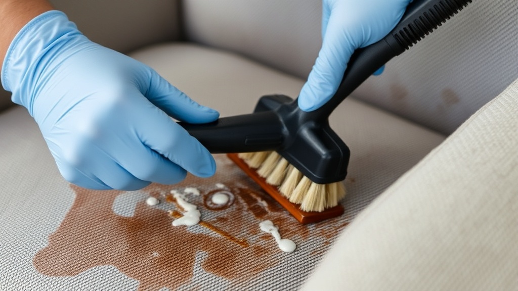 Professional upholstery cleaning equipment spraying foam onto fabric couch in modern Turkish living room setting.