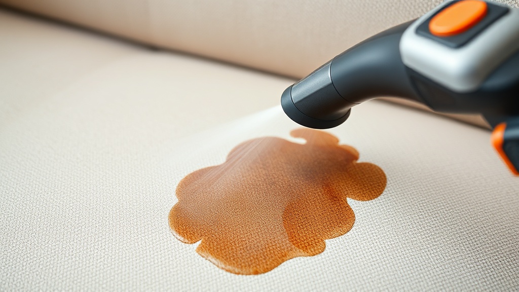 Buharlı koltuk temizleme işlemi sırasında doğru teknik gösterilirken, kumaşa hafif basınç uygulanması