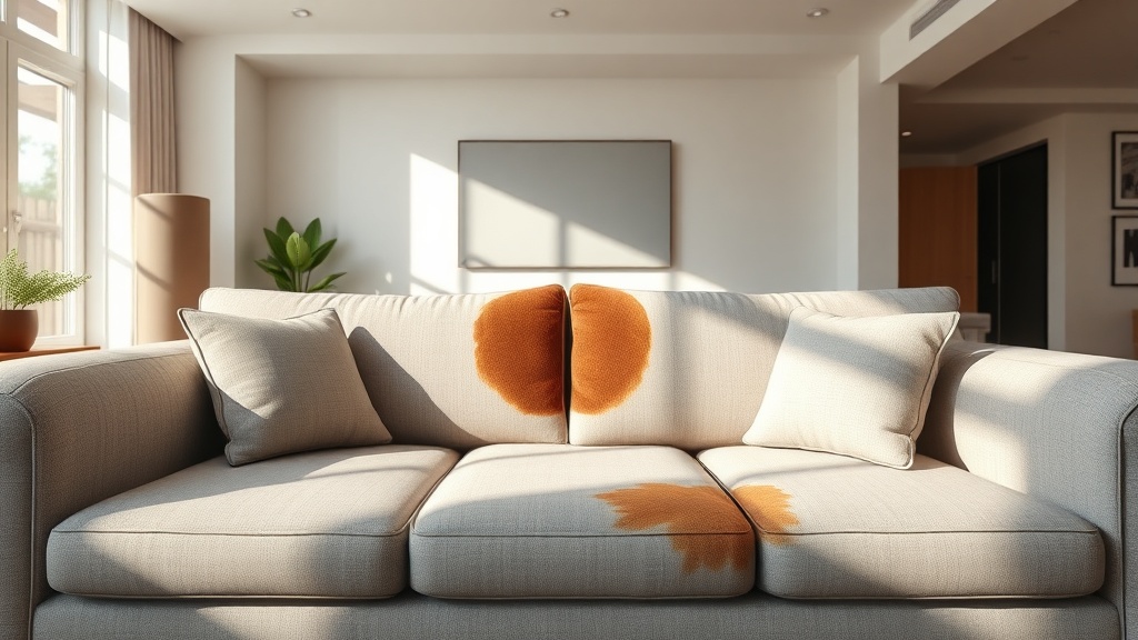 Close-up of fresh coffee stain on beige fabric sofa, cleaning solution bottle nearby, professional stain removal in progress.