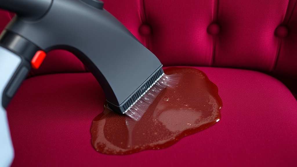 A bright, spacious living room with a beige fabric armchair positioned by a sunny window, showing before-and-after cleaning transformation with cleaning supplies nearby.