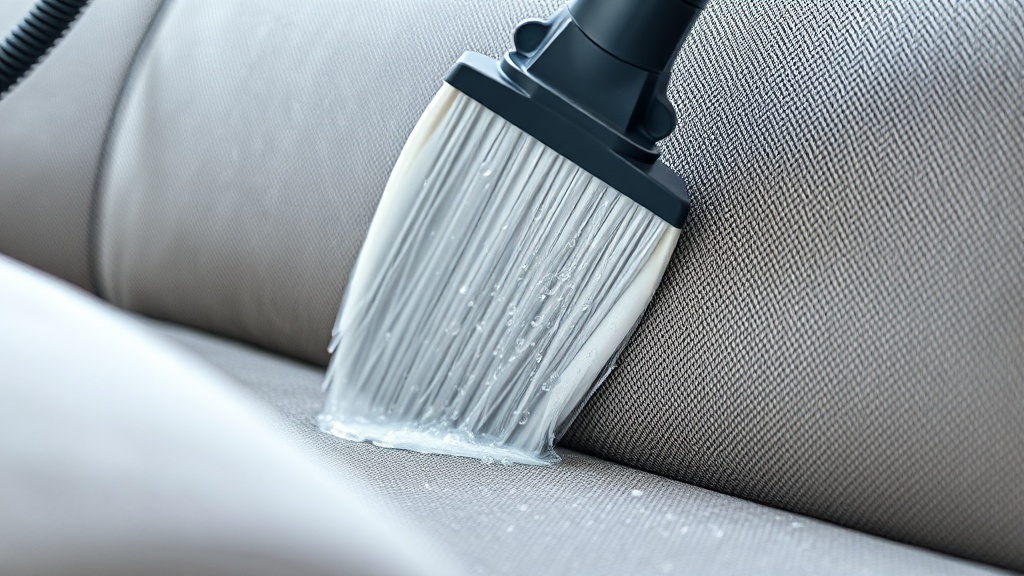 Professional couch cleaning service with steam extraction equipment in modern living room, daytime natural lighting, wide angle shot.