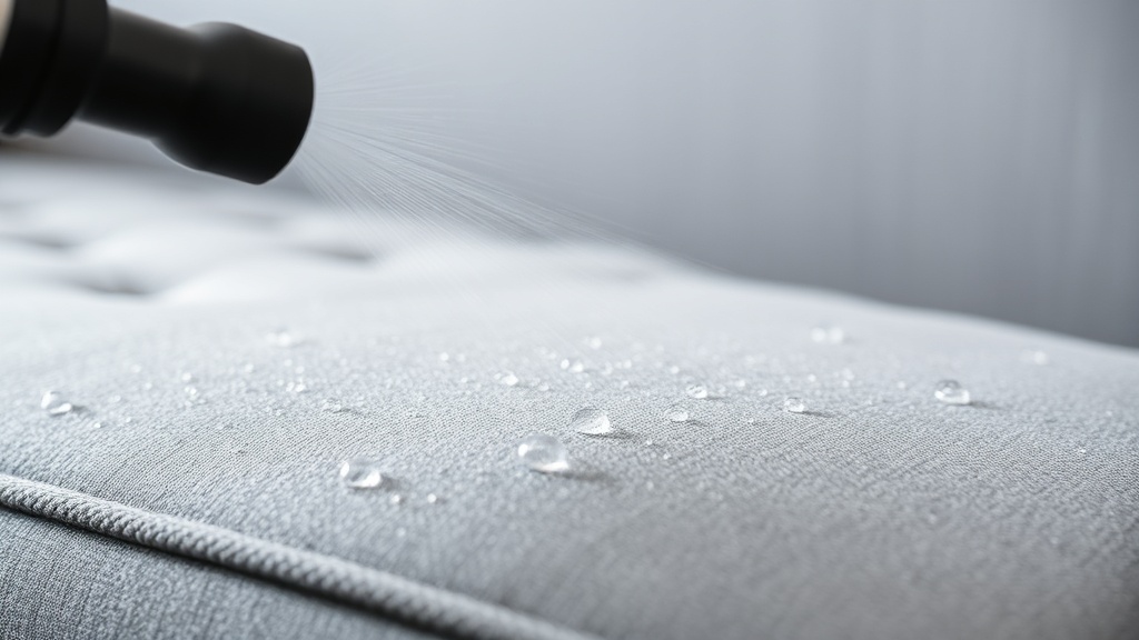 Professional steam cleaning machine deep cleaning fabric armchair, modern living room, bright natural light, detailed texture focus.