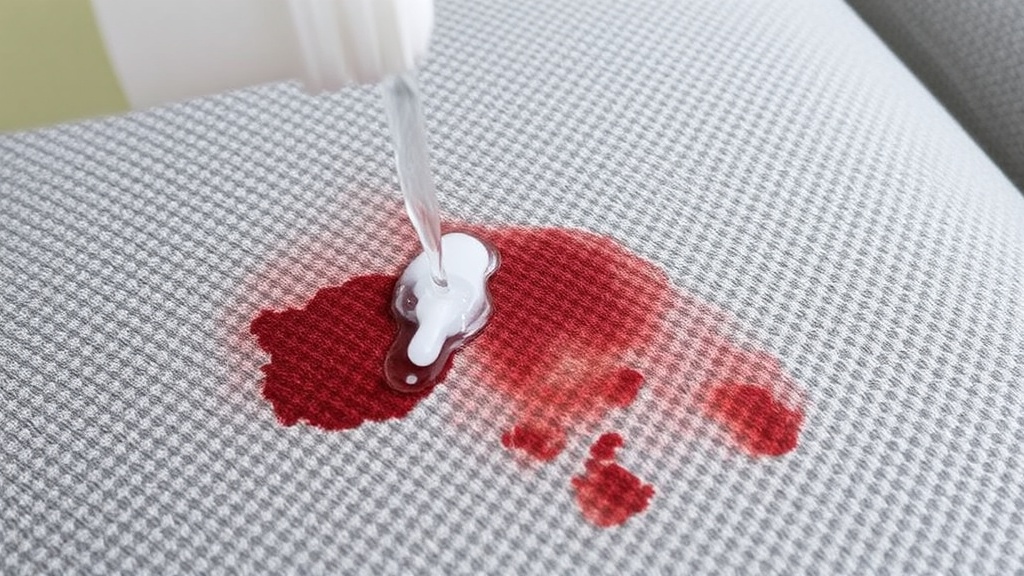 A modern living room with a beige sofa displaying various stains, cleaning products arranged nearby, bright natural lighting.