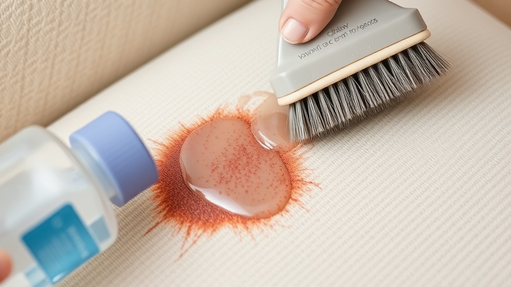An old fabric armchair with visible dark stains and wear marks in natural daylight, professional cleaning supplies arranged nearby on wooden floor.